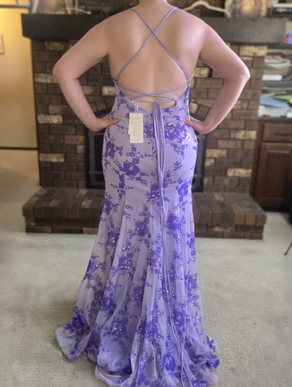 Lavender Sequin Floral Spaghetti-Strap Evening Dress - Picture 5 of 5
